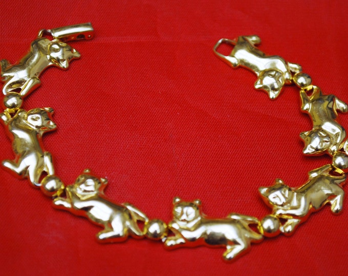 Cat Link Bracelet - signed Avon - Gold cats golden kittens bangle