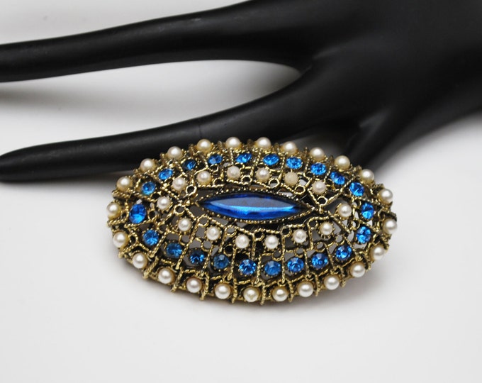 Oval Dome Bar Brooch - Blue rhinestone - white pearls and gold tone - Victorian Revival pin