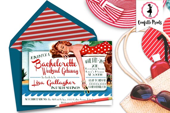 Pool Party Bridal Shower Invitation | Beach Bridal Shower | Retro Pin Up | Bachelorette | Summer Bridal Shower - POLKA DOT BIKINI Printable Il_570xn