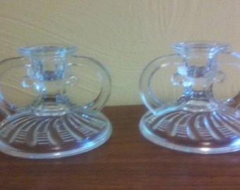 Art Deco "Clear" Pressed Glass Candlestick Holders - Excellent Condition