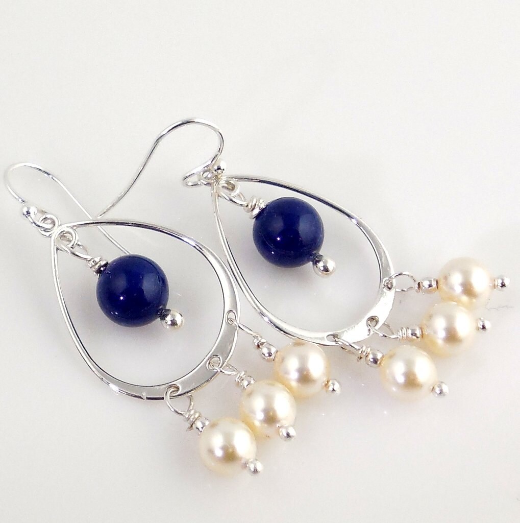 White and Navy Chandelier Earrings Beaded Earrings Fashion