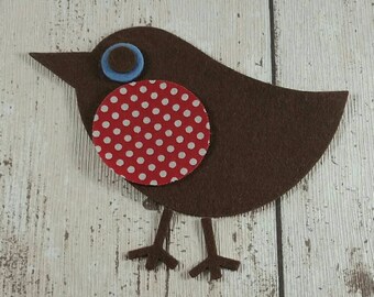 Retro Robins felt die cut with red polka pot breast, Christmas applique, applique, decorations, Card Making, Robin die cut, Christmas decor