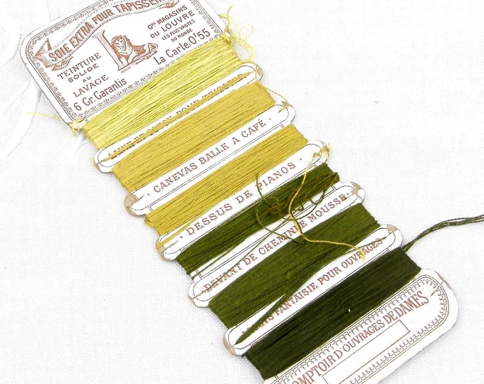 Antique French Card of 6 Shades Green Embroidery Silk Threads, Les Grands Magasin du Louvres, French Decor, Craft Supplies, Parisian Sewing Antique French Card of 6 Shades Green Embroidery Silk Threads, Les Grands Magasin du Louvres, French Decor, Craft Supplies, Parisian Sewing