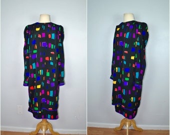 Colorful Long Sleeve 80s Dress, 80s Vintage Shift Dress