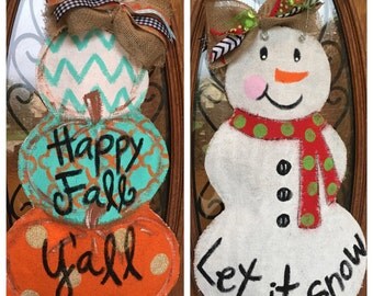 Reversible pumpkin/snowman burlap door hanger