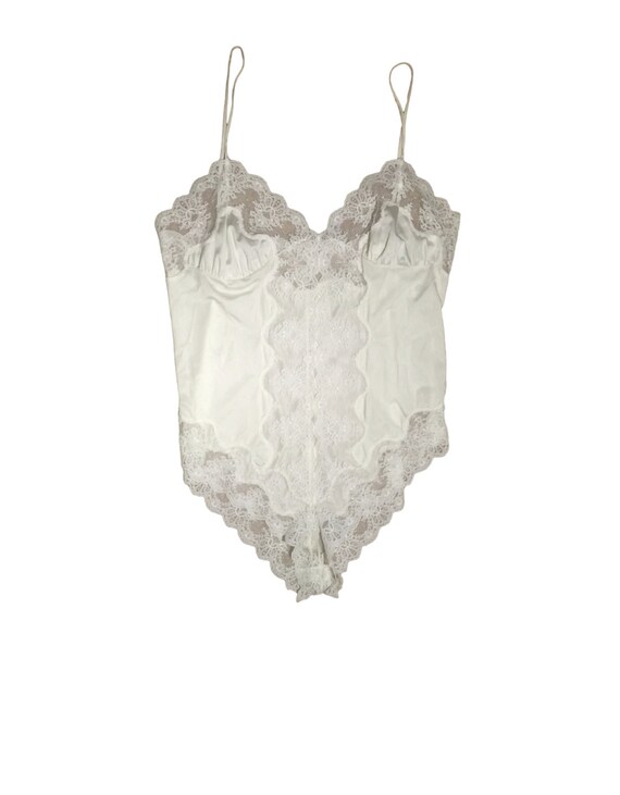 80s White Satin Lace Detail Teddy Lingerie Bodysuit