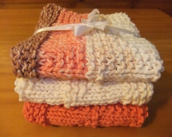 HANDKNIT DISHCLOTHS - Set of Three In Pretty Colors/Knitted Dishcloths/Fall Colors