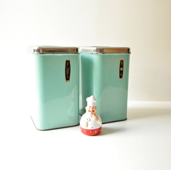 Vintage Mint Green GSW Quality Metal Kitchen Canisters Flour