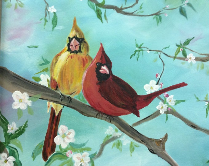 Cardinal Mates Among the Cherry Blossoms - Acrylic Painting on Canvas