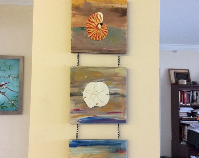 Wall Hanging - 3 Seashell Paintings - Metal Scroll with Black Chain