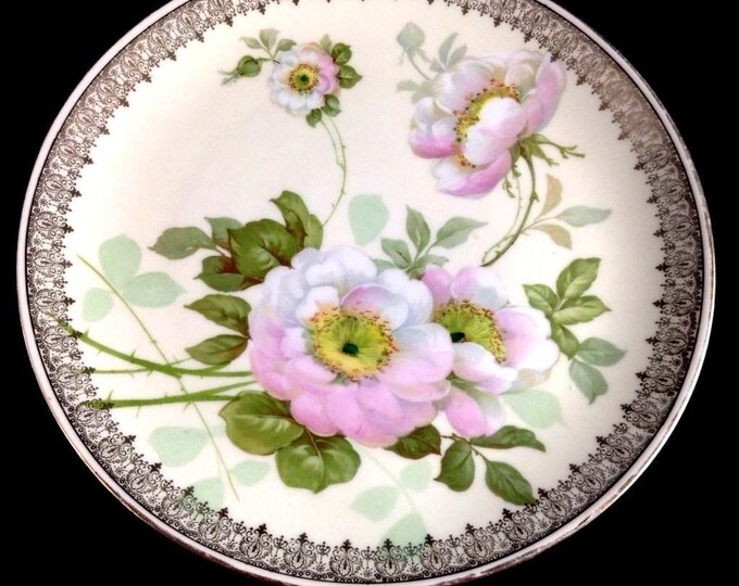 Vintage O and EG Royal Austria Hand Painted Decorative Plate, Pink Roses, Gold Trim, Vintage Porcelain Wall Hanging Plate, Gift For Her