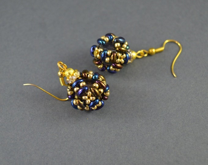Dark blue gold ball earrings Round earrings Woven earrings Gift for her Shining earrings Small earrings Fashionable earrings Zircona