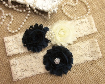 Navy Blue Wedding Garter Set, Country Chic Wedding Garter Set, Wedding Accesoories