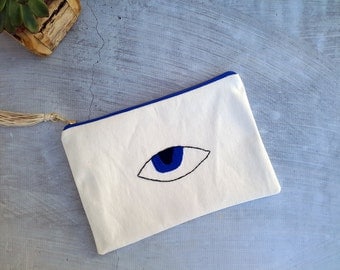 Evil Eye Clutch Bag - White Canvas Clutch Bag - Summer Bag - Hand Embroidered Bag - Bohemian Bag - Gift for Her - 27x18cm (11x7")