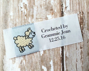 Crochet Labels, Woven Labels, Custom clothing Labels for Crocheting, Personalized Crochet Fabric Labels with woven Sheep Design