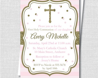 Pink and Gold Sparkle First Communion Invitation - First Communion Celebration - Digital Design or Printed Invitations - FREE SHIPPING