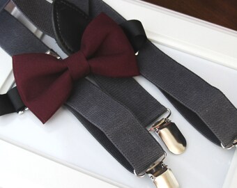 Deep Burgundy bow-tie & Dark grey elastic suspender set