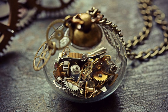 Steampunk Necklace Watch Part Pendant Steam Punk Jewelry Glass Orb Miniature Cogs Terrarium Swiss Gears Globe Sphere Cyberpunk Costume Clock by TheCreakingDoor steampunk buy now online