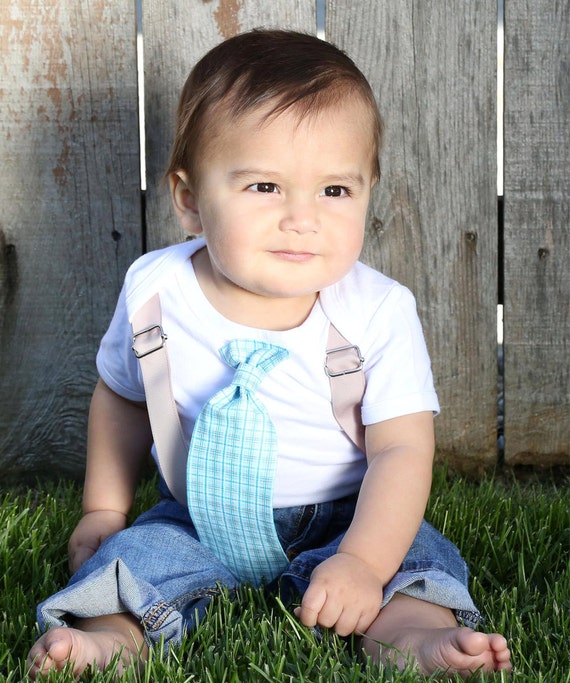 Baby Boy Suspender Outfit Light Blue Plaid Tie Tan