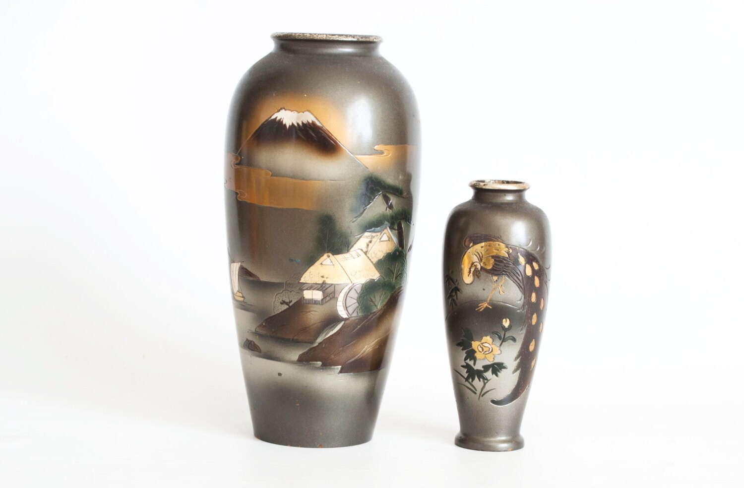 Vintage Japanese Mixed Metal Work Vases Peacock and Mt. Fuji