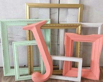 Baby Girl Nursery Frame Collection / Gallery Wall Frame Set / Shabby Chic Decor / Mint, Coral, Gold, and White / Zoe Collection Coral Frame