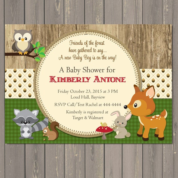 Woodland Baby Shower Invitations, Forest Animals Shower Invite, Woodland Themed Invite, Owl Deer 