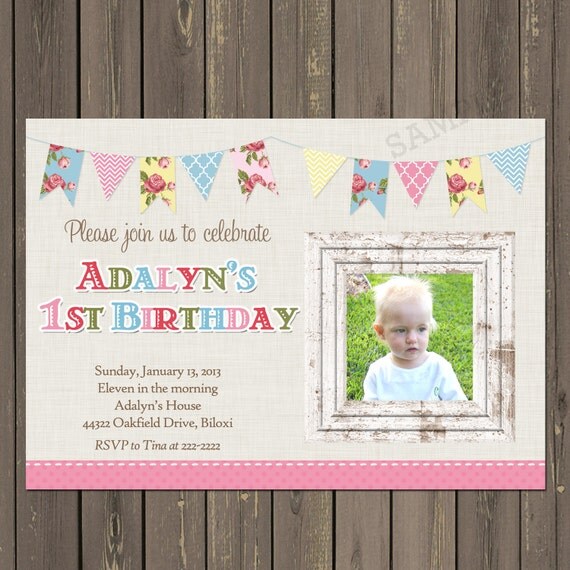 Shabby Chic Birthday Invitation, Girl First Birthday Invitation, Bunting Birthday Invitation, 1st Birthday Invitation, Printable or Printed Il_570xn