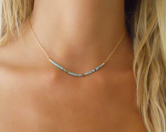 14K Gold Filled Necklace With Turquoise Beads, Delicate Gold And Turquoise Necklace, Layering Gold Necklace, Turquoise Bar Gold Necklace.