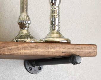 Set of Two Shelf brackets, Iron shelf pipe supports for floating wood shelves, modern industrial rustic shelf hangers
