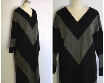 Avant Garde 1980s Dress/ Deadstock Bergdorf Goodman Dress/ Black Suede Chevron Dress/ Womens Size Medium