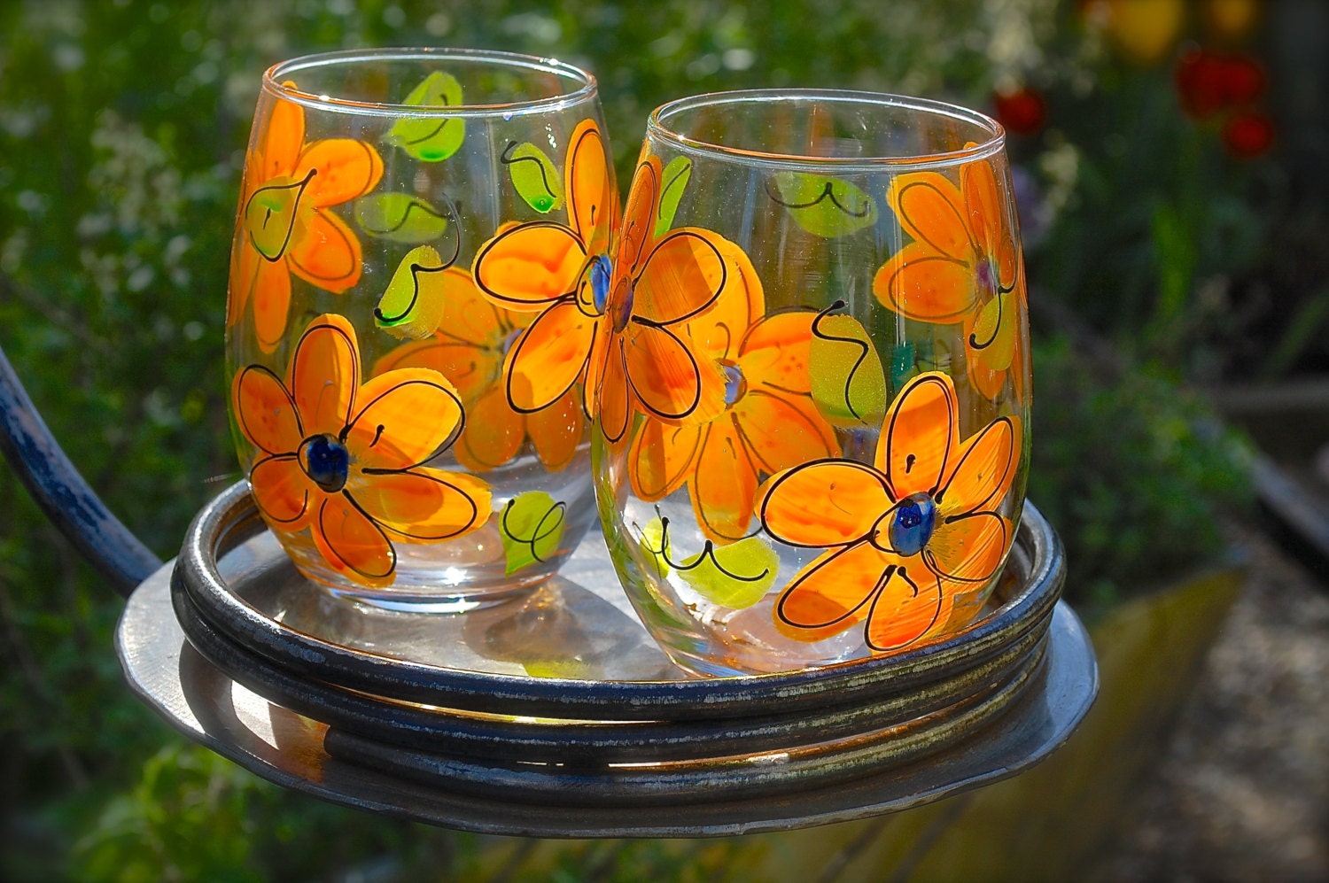 Orange Floral Hand Painted Wine Glass And Stemless Wine Glass