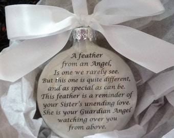SISTER Memorial Christmas Ornament Gift - "A Feather From a Guardian Angel" Sympathy In Memory - Personalized w/ Name - Custom Keepsake