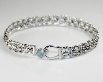 Handmade 925 Sterling Silver Eight Strand Basket Weave Bracelet with Hook Clasp Set with Faceted Aquamarine Cabochon, Woven, Braided
