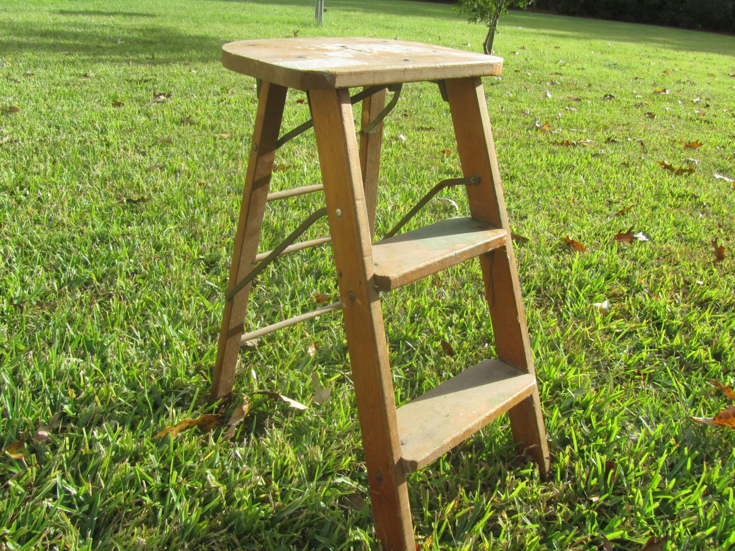 Vintage Wood Step Ladder, Small Wood Ladder, Kitchen Stool, Rustic, Photo Prop Haute Juice