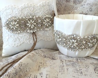 Flower girl basket rustic, Rhinestone flower girl basket, Rhinestone ring pillow, lace ring pillow, rustic ring pillow, ivory ring pillow