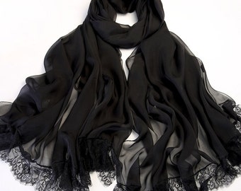 Black Lace And Silk Scarf - Black Lace Chiffon Scarf - Black Silk Scarf - White Lace Silk Scarf - White Silk Scarf - AS2016-4