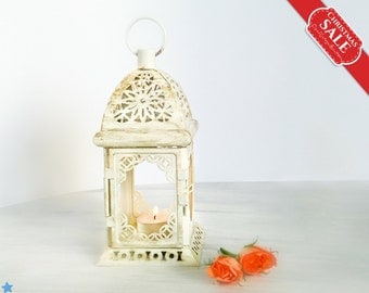 Unique Rustic Wedding Lantern, Exotic Morocco Lantern, Moroccan Arabic Decor, White Gold Metal Candle Holder Gift for Her