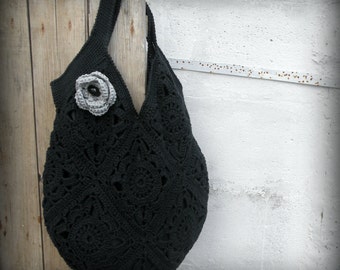 Halloween witch black bag, handmade crochet festival shopper. Granny square tote lined. Gipsy boho chic style bag. Vegan purse beach handbag