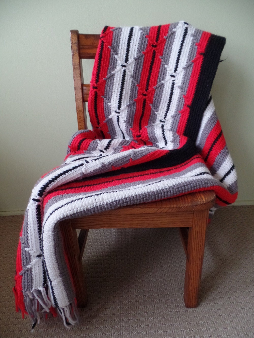 Vintage Afghan Navajo Diamond Pattern Red Black Grey White