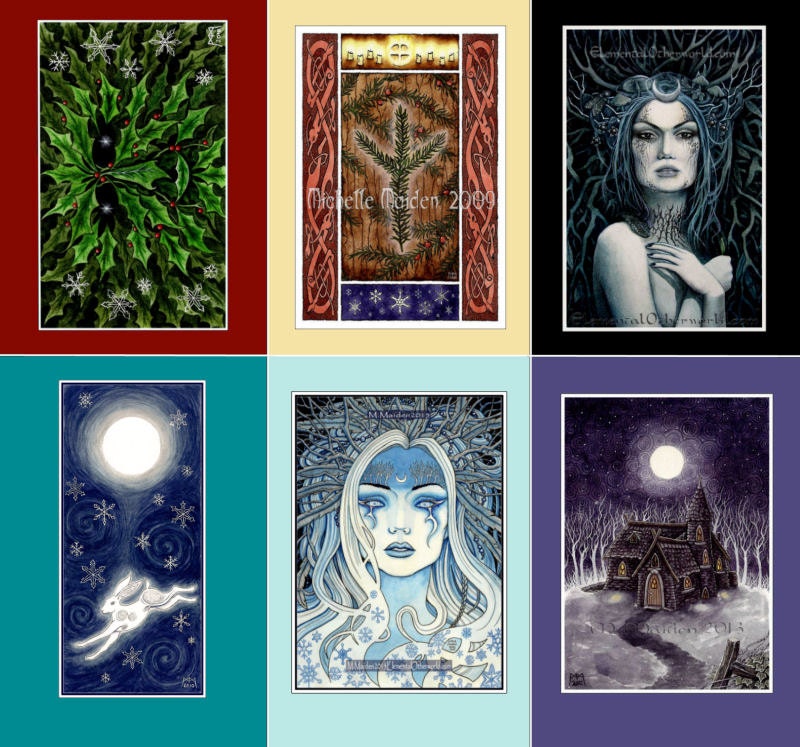 YULE CARDS set of 6 pagan cards Winter Solstice art Wiccan