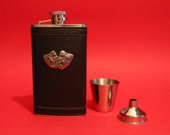 Comedy Tragedy Masks Black PU Leather 4oz Hip Flask Gift Set Drama Teacher Theatre Gift