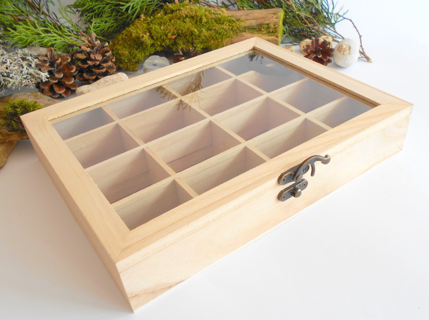 Wooden tea box with glass display plain bamboo wood 16