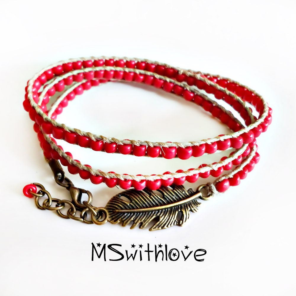 Bohemian wrap bracelet Feather wrap bracelet Red beaded
