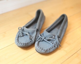 vintage minnetonka blue leather moccasins loafers womens 7 1/2 *