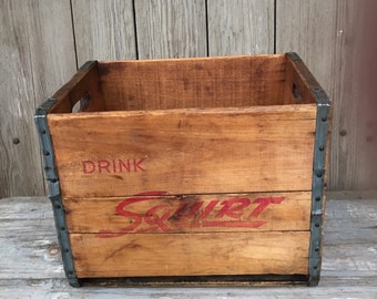 vintage squirt soda crate, wood soda box