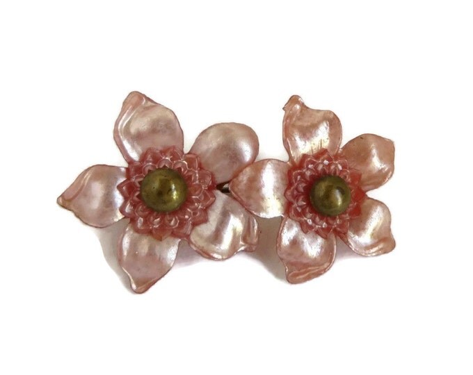 Vintage Brooch - Art Deco Celluloid Brooch, Pink Frost Carved Double Flower Pin, Gift for Her, Gift Box