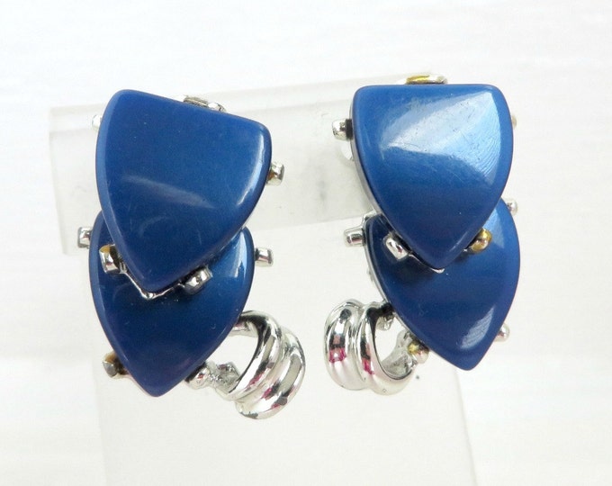 Blue Heart Earrings, Vintage Thermoset Earrings, Double Heart Clip-on Earrings, Silvertone Earrings, Gift for Her, Gift Box