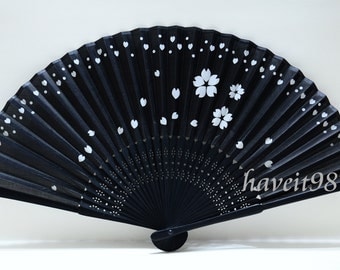 Japanese hand Fan - Black based with falling sakura, black-colored bamboo, Kimono Sensu, hand fan, folding fan, wedding fan