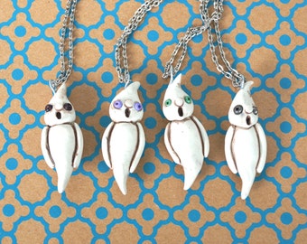 White Ghost Pendant for Halloween from Polymer clay folk art primitive goth