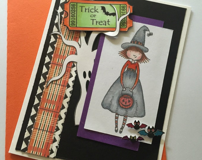Happy Halloween Card. Trick or Treat Greeting Card. Halloween Cards. Not So Creepy Halloween Cards with Colorful Witch